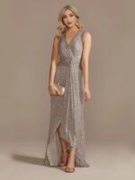 Gold Sequin Sleeveless Maxi Dress for Women | V-Neck Ruched Evening Gown with Slit - 图片 13