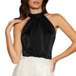 Luxury Satin Halter Neck Blouse for Women – Elegant Sleeveless High-Neck Top in Red, Teal & Black - 图片 5