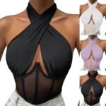 Elegant Halter Neck Mesh Corset Top for Women | Sheer Panel Wrap Neck Crop Top | Clubwear & Night Out Fashion - 图片 7