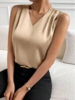 Red Sleeveless V-Neck Blouse for Women – Elegant Satin-Feel Tank Top | Chic Everyday & Workwear Essential - 图片 10