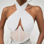 Elegant Halter Neck Mesh Corset Top for Women | Sheer Panel Wrap Neck Crop Top | Clubwear & Night Out Fashion - 图片 4