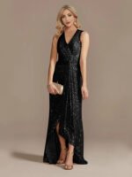 Gold Sequin Sleeveless Maxi Dress for Women | V-Neck Ruched Evening Gown with Slit - 图片 14