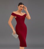 Elegant Burgundy Off-Shoulder Bodycon Midi Dress for Women – Cross Neck Formal Cocktail Party Dress - 图片 7