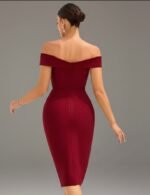 Elegant Burgundy Off-Shoulder Bodycon Midi Dress for Women – Cross Neck Formal Cocktail Party Dress - 图片 6