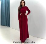 Elegant Burgundy Long Sleeve Ruched Maxi Dress – High Waist Formal Evening Gown for Women - 图片 3