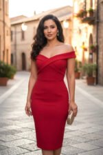 Elegant Burgundy Off-Shoulder Bodycon Midi Dress for Women – Cross Neck Formal Cocktail Party Dress - 图片 8