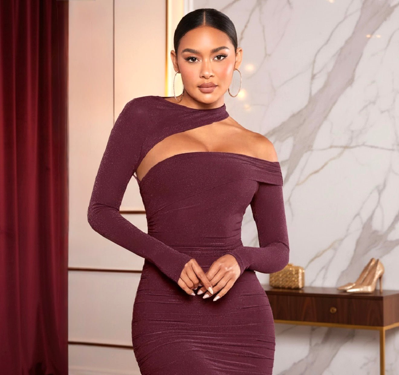 FullSizeRender_f6c752e0-10c0-4a21-bed2-b7462c809da5 Burgundy Cut-Out Ruched Mini Dress - 图片 1