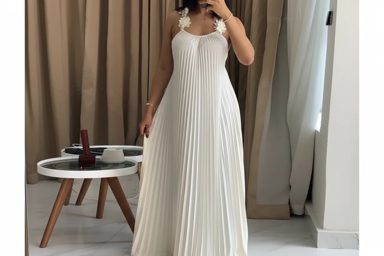 H294f3b75ddfa4528bb7d9c7622863b4fv Modern Pleated Maxi Dress with Floral Strap Detail – Elegant Flowing Summer Dress – Backless A-Line Vacation Dress - 图片 1