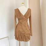 Luxury Nude Ruched Long Sleeve Mini Dress with V-Neck & Draped Detail | subailili - 图片 4