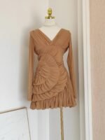 Luxury Nude Ruched Long Sleeve Mini Dress with V-Neck & Draped Detail | subailili - 图片 6