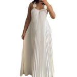 Modern Pleated Maxi Dress with Floral Strap Detail – Elegant Flowing Summer Dress – Backless A-Line Vacation Dress - 图片 7