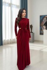 Elegant Burgundy Long Sleeve Ruched Maxi Dress – High Waist Formal Evening Gown for Women - 图片 2