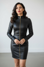 Black Faux Leather Zip-Front Bodycon Dress with High Neck & Long Sleeves - 图片 7