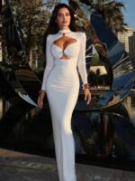 Elegant Cut-Out White Bodycon Maxi Dress – Long Sleeve High Neck Evening Dress for Women - 图片 6