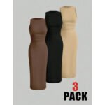 subailili | Sculpted Suede Midi Dress – High Neck Bodycon Waist Cinch Elegant Minimalist Dress (3 Color Set Available, In packs) - 图片 2