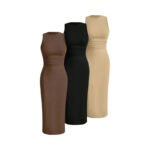 subailili | Sculpted Suede Midi Dress – High Neck Bodycon Waist Cinch Elegant Minimalist Dress (3 Color Set Available, In packs) - 图片 4