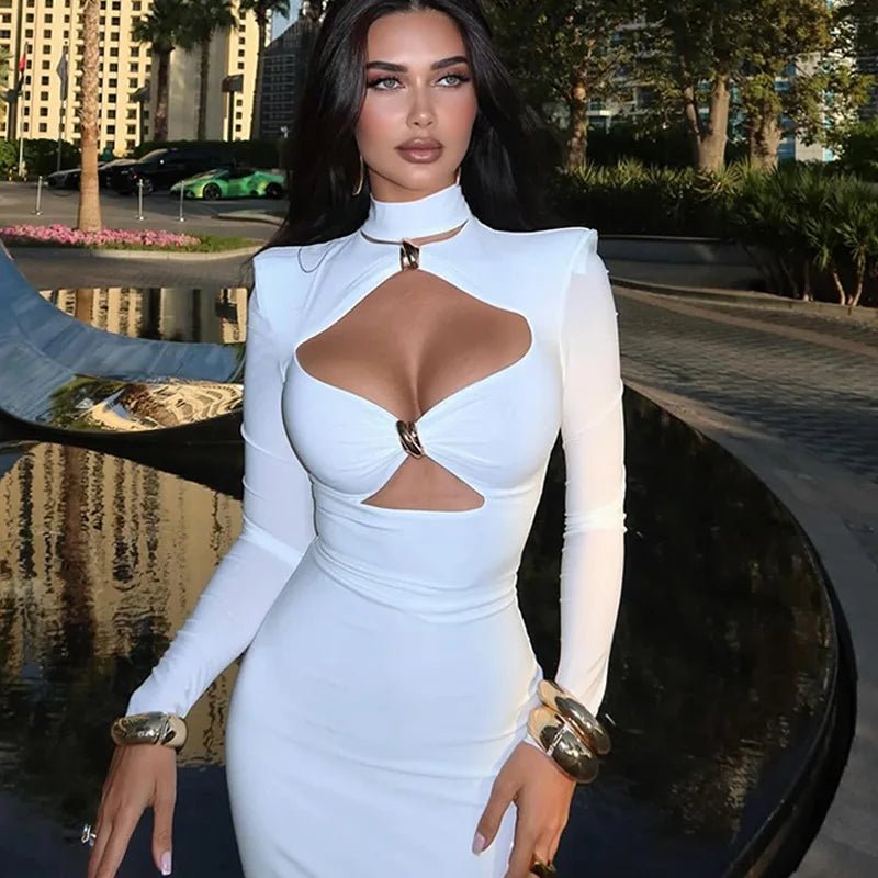 S1656d5d6f99048cf982cffec2bb812a1l Elegant Cut-Out White Bodycon Maxi Dress – Long Sleeve High Neck Evening Dress for Women - 图片 1