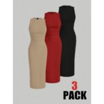 subailili | Sculpted Suede Midi Dress – High Neck Bodycon Waist Cinch Elegant Minimalist Dress (3 Color Set Available, In packs) - 图片 15