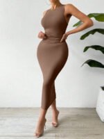 subailili | Sculpted Suede Midi Dress – High Neck Bodycon Waist Cinch Elegant Minimalist Dress (3 Color Set Available, In packs) - 图片 11