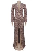Luxury Leopard Print Cut-Out Maxi Dress – Deep V Long Sleeve Bodycon Gown - 图片 3