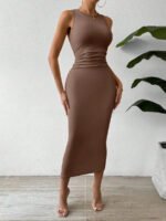 subailili | Sculpted Suede Midi Dress – High Neck Bodycon Waist Cinch Elegant Minimalist Dress (3 Color Set Available, In packs) - 图片 8
