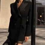 Black Tailored Blazer Dress – Double Breasted Satin Lapel Mini Dress - 图片 3