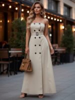 Elegant Strapless Trench-Style Maxi Dress – Beige Belted Luxury Statement Dress for Women - 图片 2
