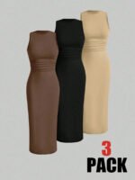 subailili | Sculpted Suede Midi Dress – High Neck Bodycon Waist Cinch Elegant Minimalist Dress (3 Color Set Available, In packs) - 图片 5