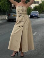Elegant Strapless Trench-Style Maxi Dress – Beige Belted Luxury Statement Dress for Women - 图片 4