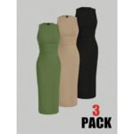 subailili | Sculpted Suede Midi Dress – High Neck Bodycon Waist Cinch Elegant Minimalist Dress (3 Color Set Available, In packs) - 图片 14