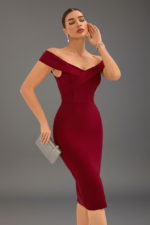 Elegant Burgundy Off-Shoulder Bodycon Midi Dress for Women – Cross Neck Formal Cocktail Party Dress - 图片 5