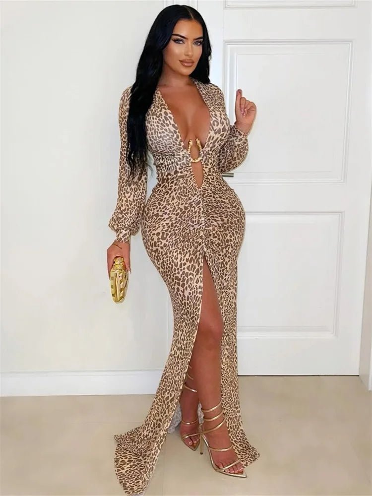 Sc23004ceef46474f9a212ff2e9447b18q Luxury Leopard Print Cut-Out Maxi Dress – Deep V Long Sleeve Bodycon Gown - 图片 1