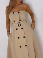 Elegant Strapless Trench-Style Maxi Dress – Beige Belted Luxury Statement Dress for Women - 图片 9
