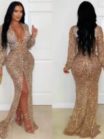 Luxury Leopard Print Cut-Out Maxi Dress – Deep V Long Sleeve Bodycon Gown - 图片 2