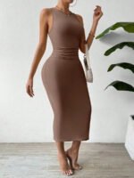 subailili | Sculpted Suede Midi Dress – High Neck Bodycon Waist Cinch Elegant Minimalist Dress (3 Color Set Available, In packs) - 图片 9