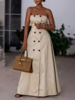 Elegant Strapless Trench-Style Maxi Dress – Beige Belted Luxury Statement Dress for Women - 图片 10