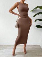 subailili | Sculpted Suede Midi Dress – High Neck Bodycon Waist Cinch Elegant Minimalist Dress (3 Color Set Available, In packs) - 图片 12