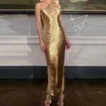 Luxury Draped Halter Maxi Dress – Shimmer Evening Gown for Elegant Women | subailili
