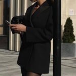 Black Tailored Blazer Dress – Double Breasted Satin Lapel Mini Dress - 图片 4