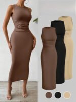 subailili | Sculpted Suede Midi Dress – High Neck Bodycon Waist Cinch Elegant Minimalist Dress (3 Color Set Available, In packs) - 图片 7